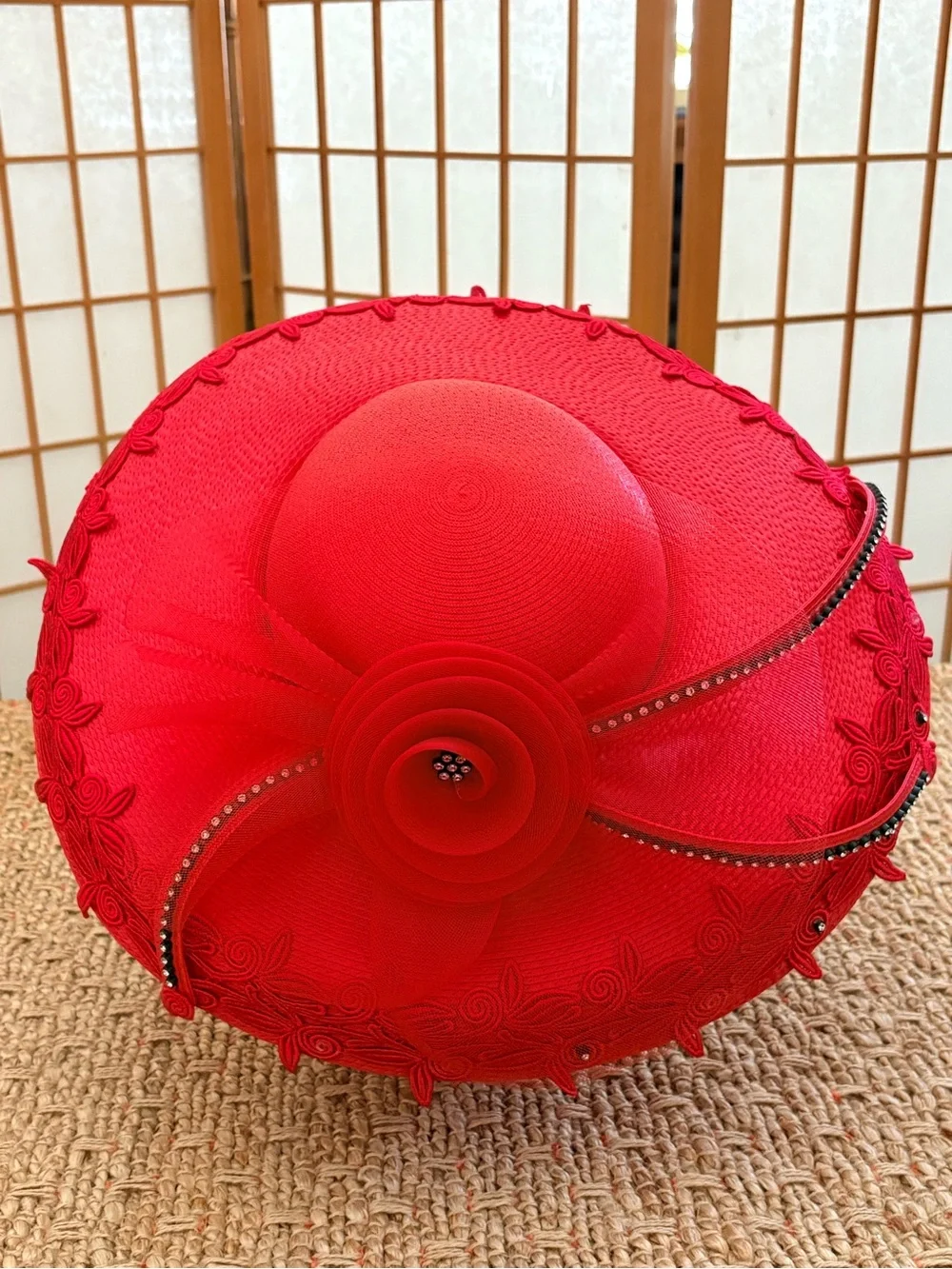 Wide-Brim Decorative Red Women's Hat with Braided Trim & Tulle Flower